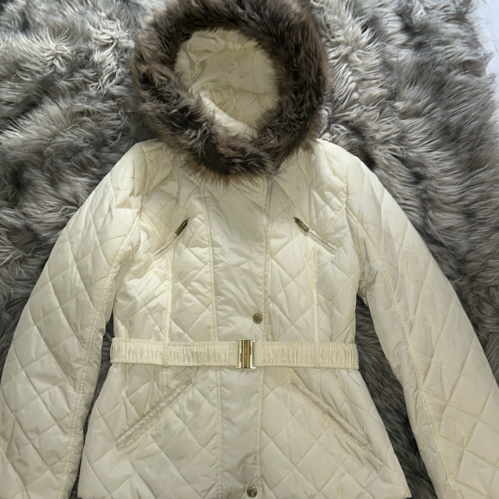 Off-White Quilted Puffer Jacket with belt - Rachel Roy